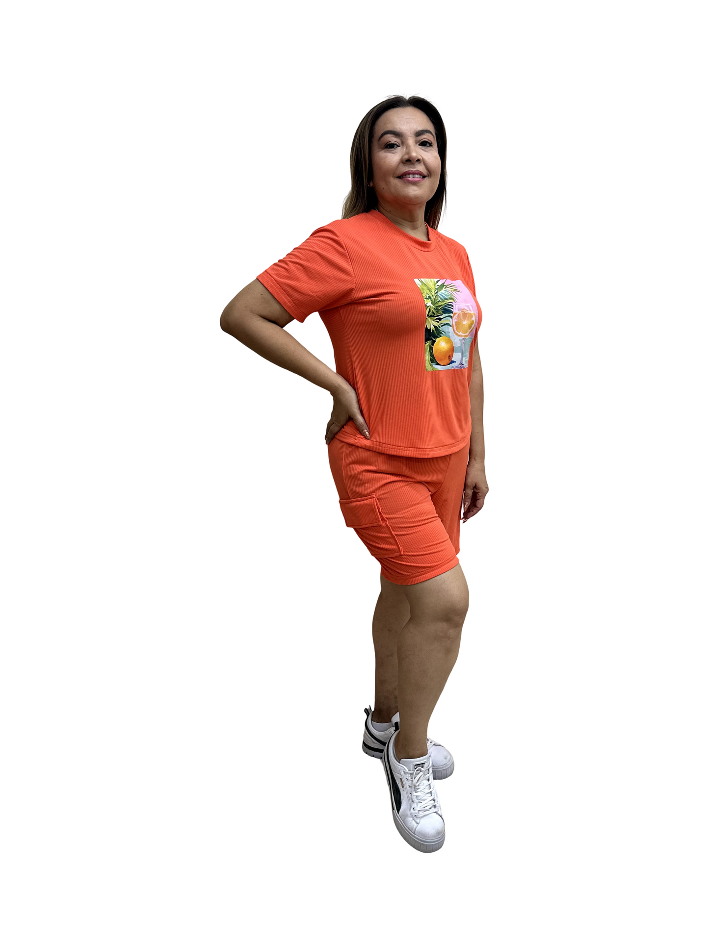 Conjunto Tropical Naranja – Blusa y Shorts