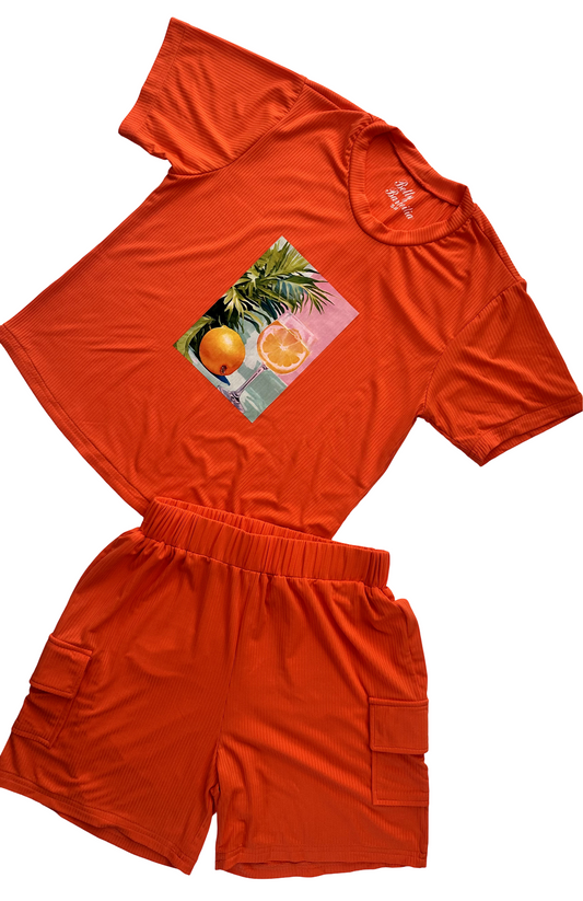 Conjunto Tropical Naranja – Blusa y Shorts