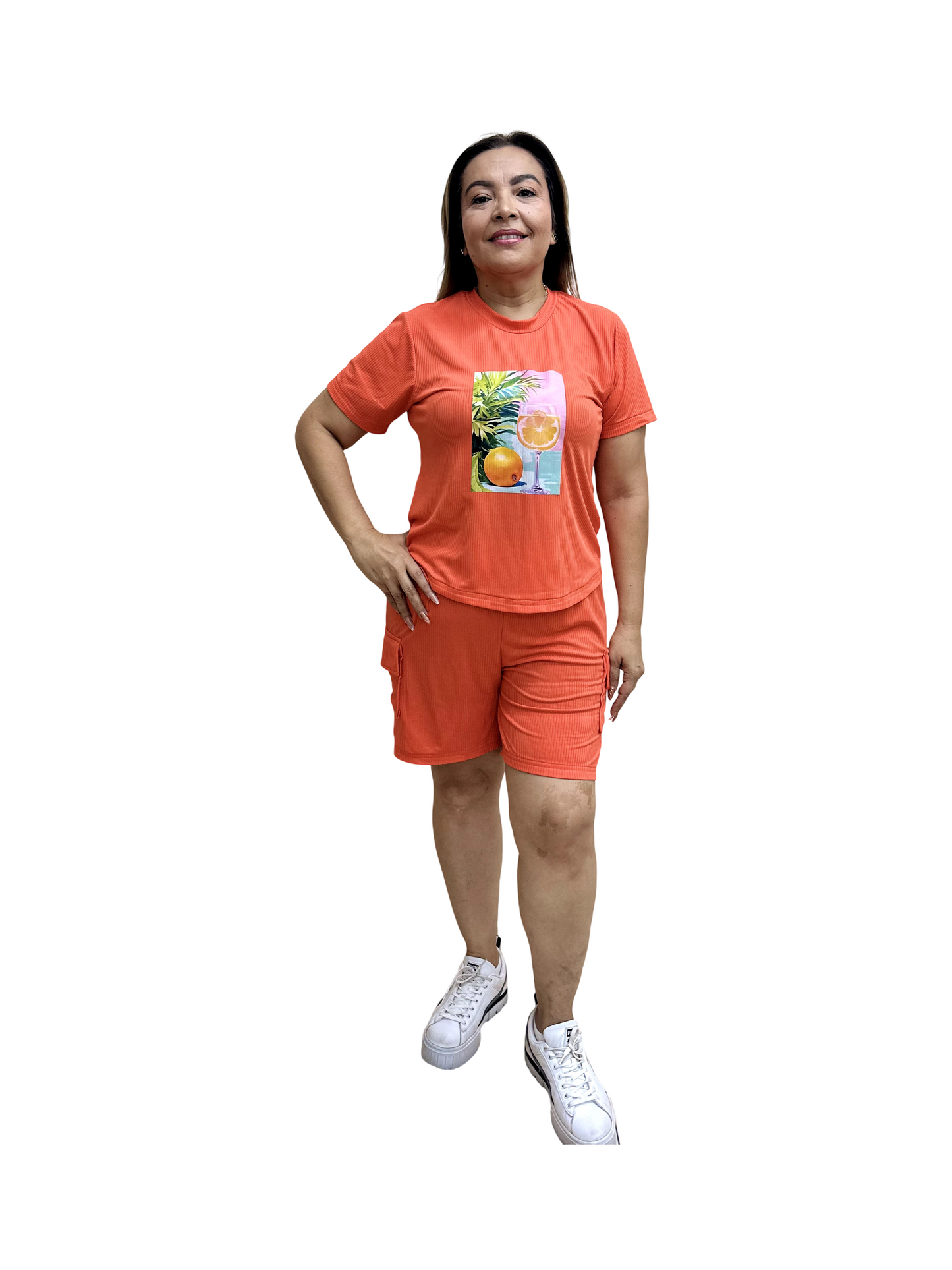 Conjunto Tropical Naranja – Blusa y Shorts